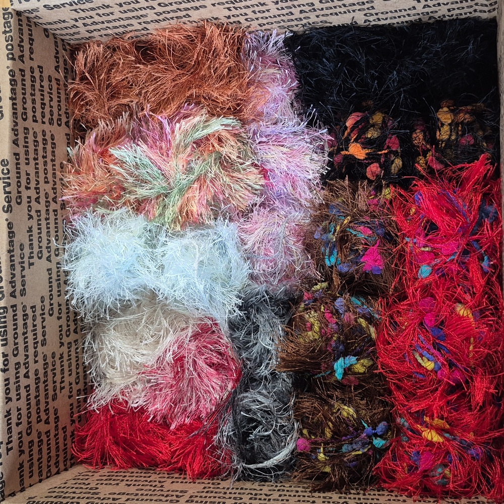 Colorful Yarn Bundle Box, Lion Brand Fun Fur, Fancy Fur, Yarn Bee Wild Child